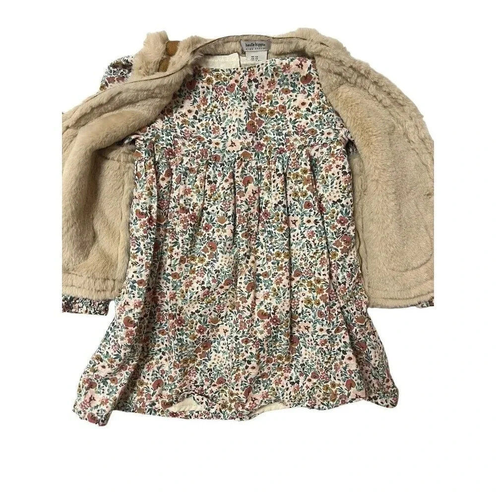 Haute Hippie Dress And Faux Fur Suede Vest Size 5T Ditsy Micro Floral Pink